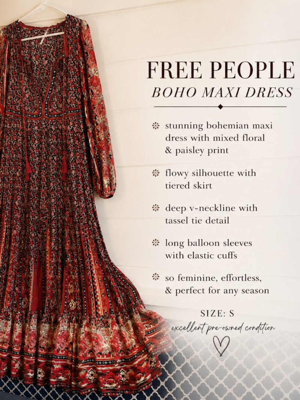 Free People Boho Floral Maxi Dress | Deep V-Neck Tassel | Size Small - Picture 6 of 6